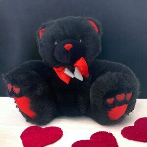 Dandee Black Teddy Bear With Red Heart Feet Bow 10" Plush